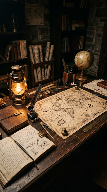 Vintage Map and Antique Lantern on Explorer Study Table - Free mobile Wallpaper