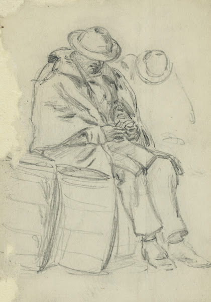 Figure wrapped in blanket sitting on a barrel and reading 1860 1865