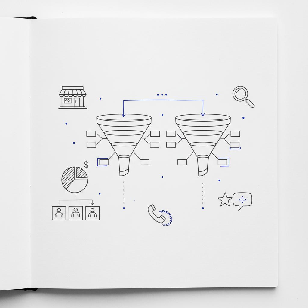 Overhead notebook-style sketch comparing two funnels with icons for marketplace and search, small phone and review icons &mdash; thumbtack vs google ads, minimalist white background.