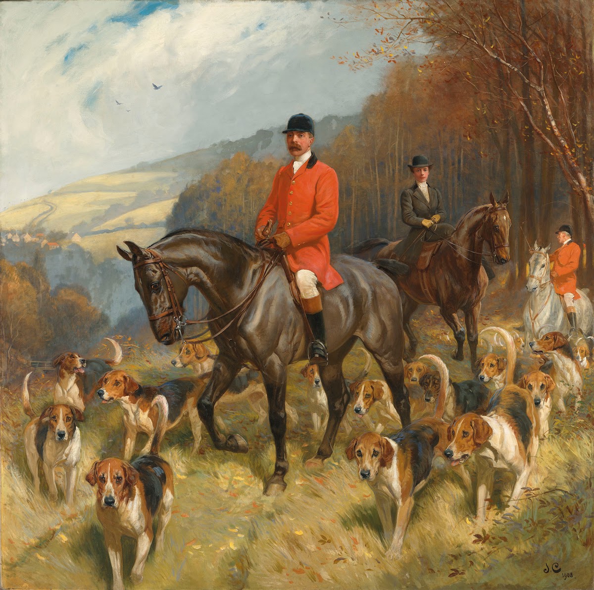 Mr and Mrs Lewis Priestman on hunters with the Braes of Derwent hunt in a landsc