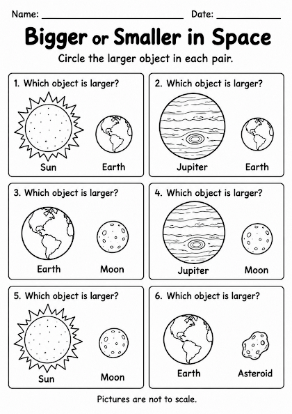 Bigger or Smaller in Space Worksheet