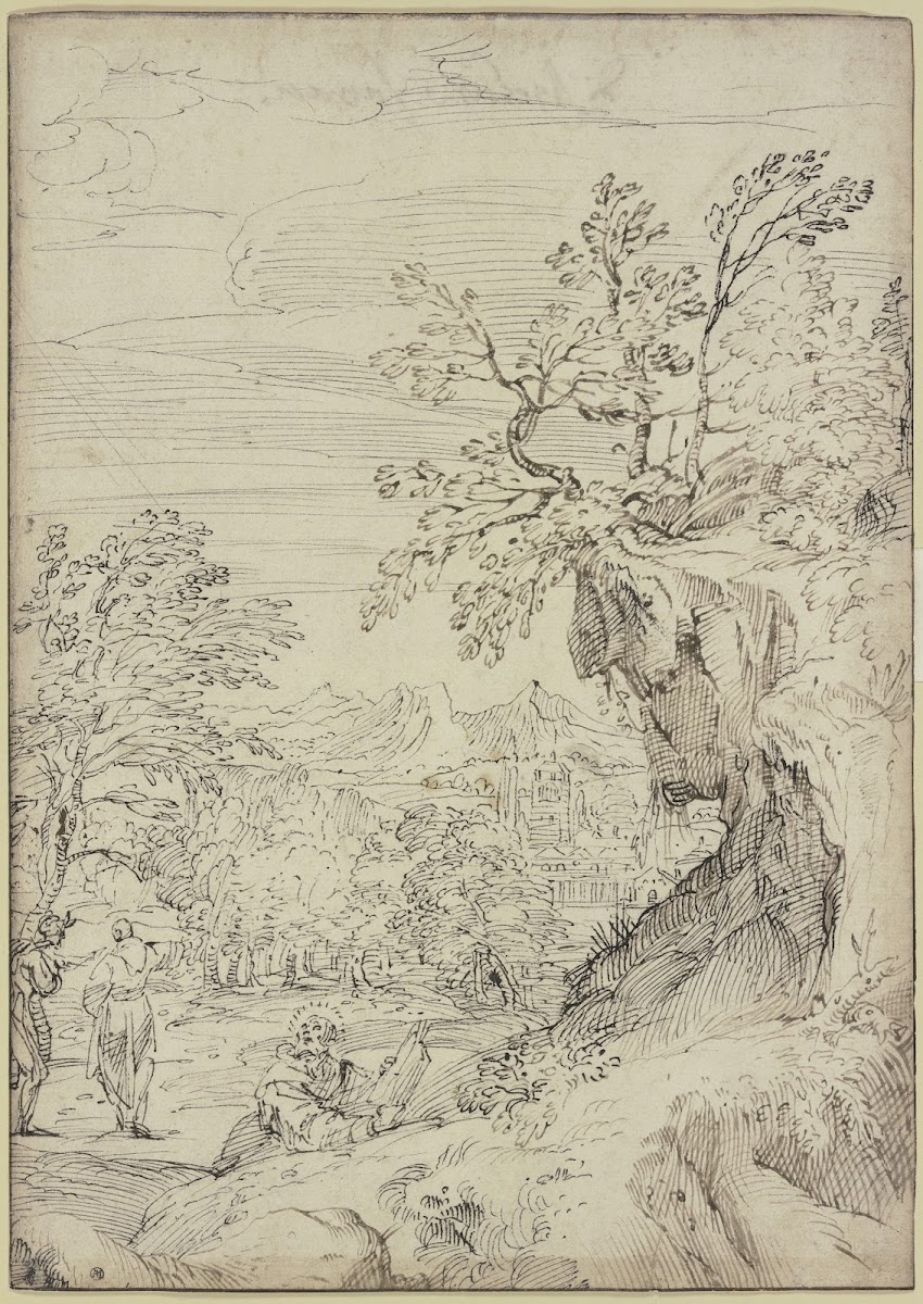 Landschaft mit einem Heiligen und zwei weiteren Figuren