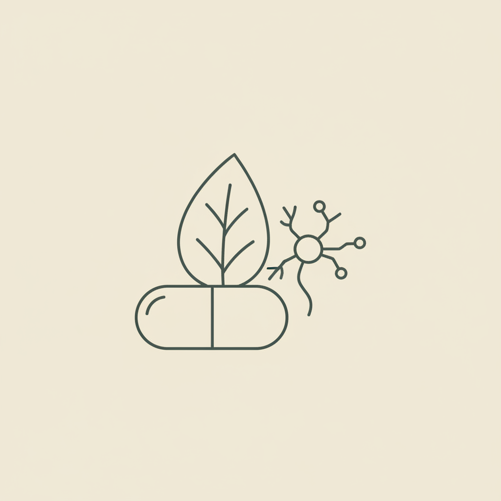 Minimal Tonum-style line illustration of a capsule, bacopa leaf and stylized neuron on beige background — do brain supplements work