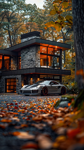 Luxury Sports Car Modern Home Autumn Forest Setting - Free mobile Wallpaper