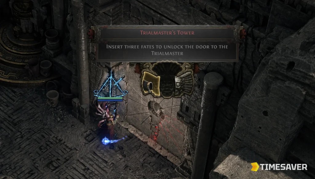 The Trialmaster's Tower door — insert all three Fates to unlock the fight