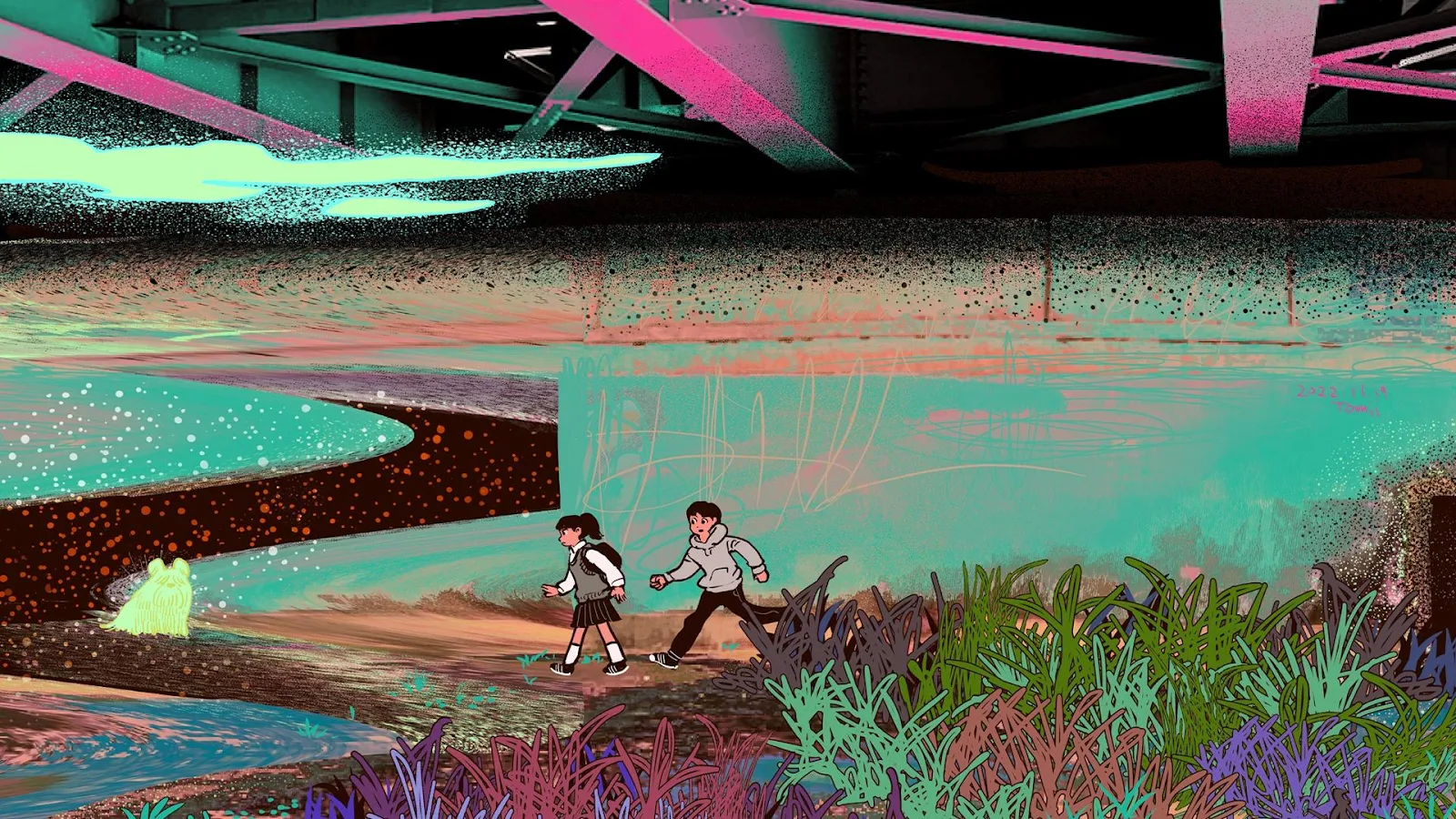 Neon Walk Under The Bridge - Psychedelic Digital Art Full HD Wallpaper (1920x1080)