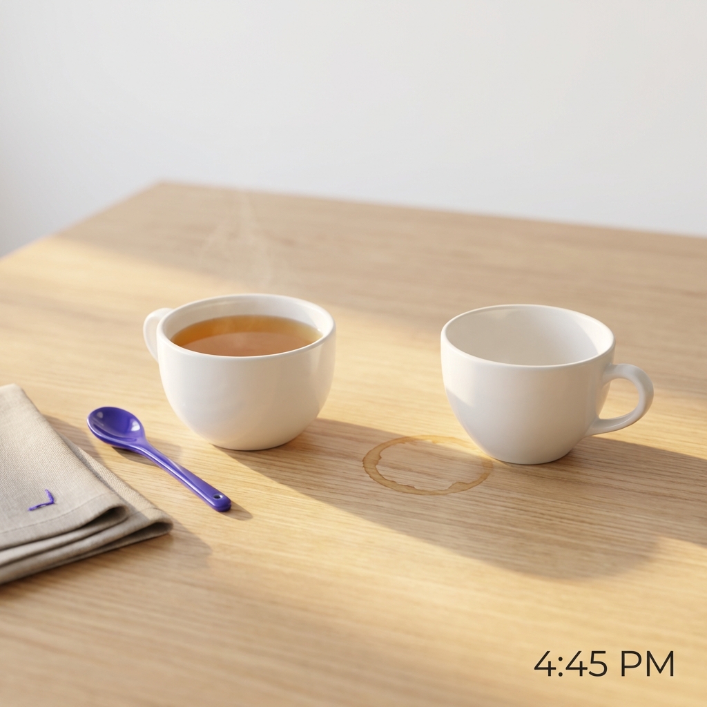 Close up of a tea cup with amber tea and an empty coffee cup on a clean table in late afternoon light illustrating timing choices for caffeine and bedtime hygiene