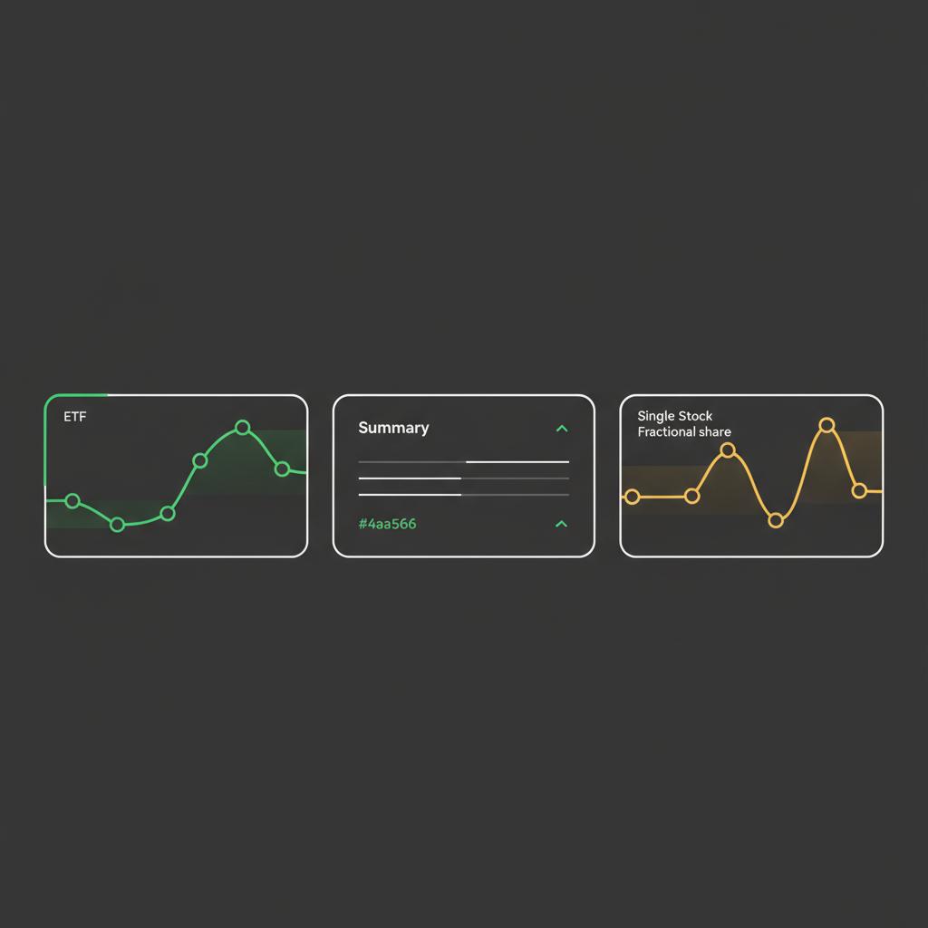 Minimalist 2D vector investment dashboard showing an ETF line and a fractional single stock line on a dark interface with brand highlights how to buy stocks for beginners