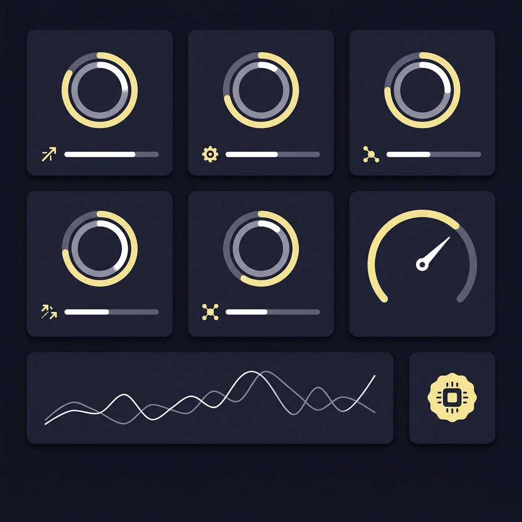 Minimal 2D vector workstation dashboard showing KPI cards latency gauge and version badge illustrating How Live Game Data Supports Better Decisions in Funded Plays color palette