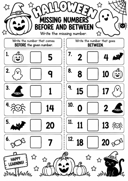 Halloween Missing Numbers Before and Between