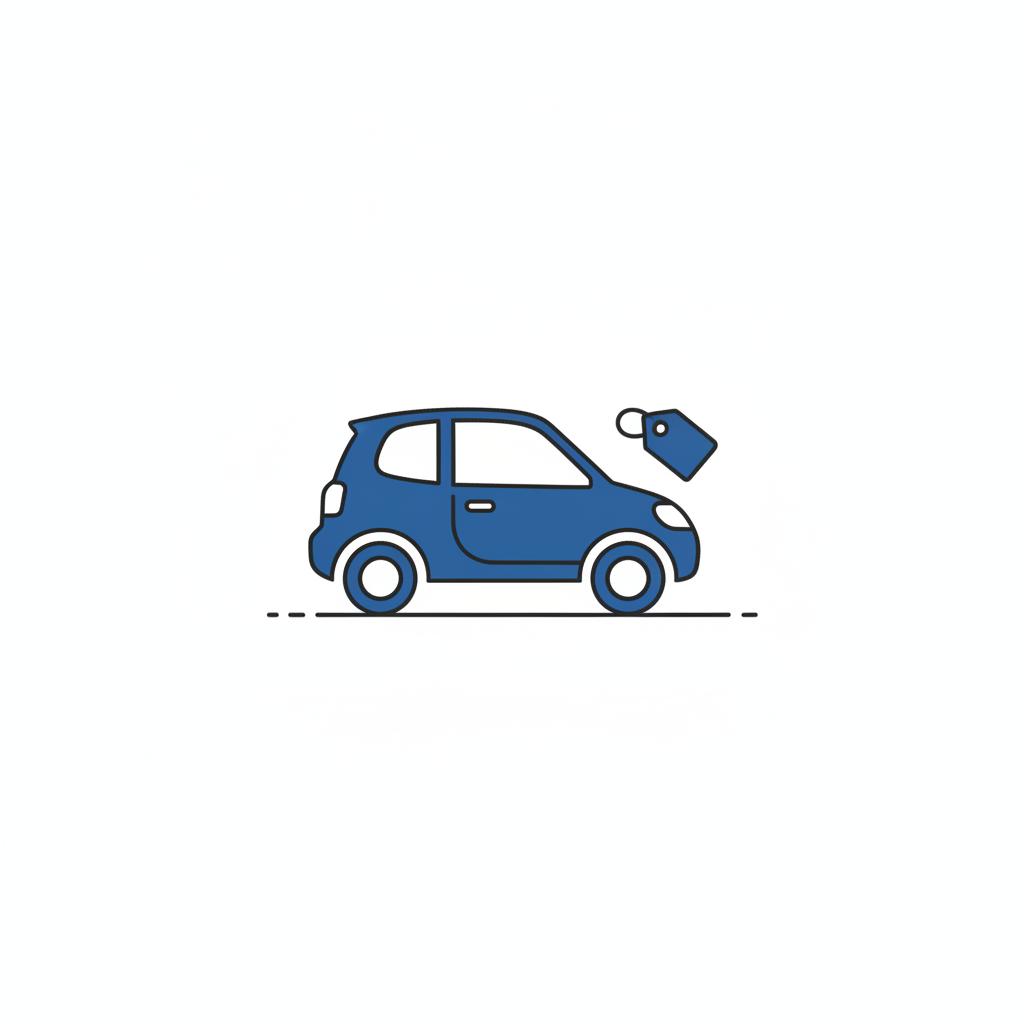 Minimal 2D vector of a simplified car silhouette with a small price tag in CarFax Deals brand colors showing edmonds auto values