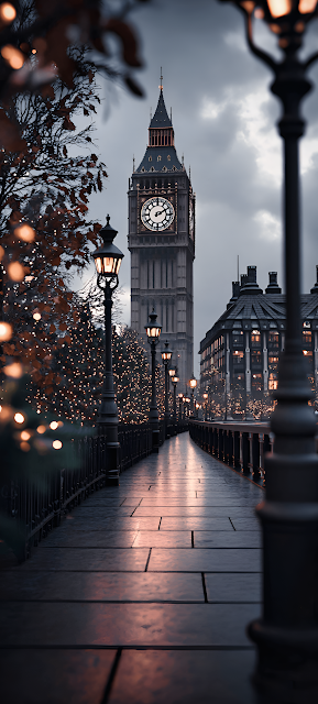 Big Ben at Dusk with Glowing Streetlamps and Autumn Trees - Free mobile Wallpaper
