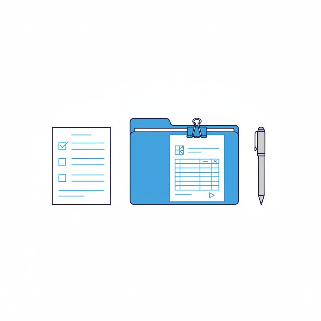 Minimalist vector top down view of a checklist beside a pen and a vehicle history report clipped to a blue folder illustrating a car valuation calculator concept