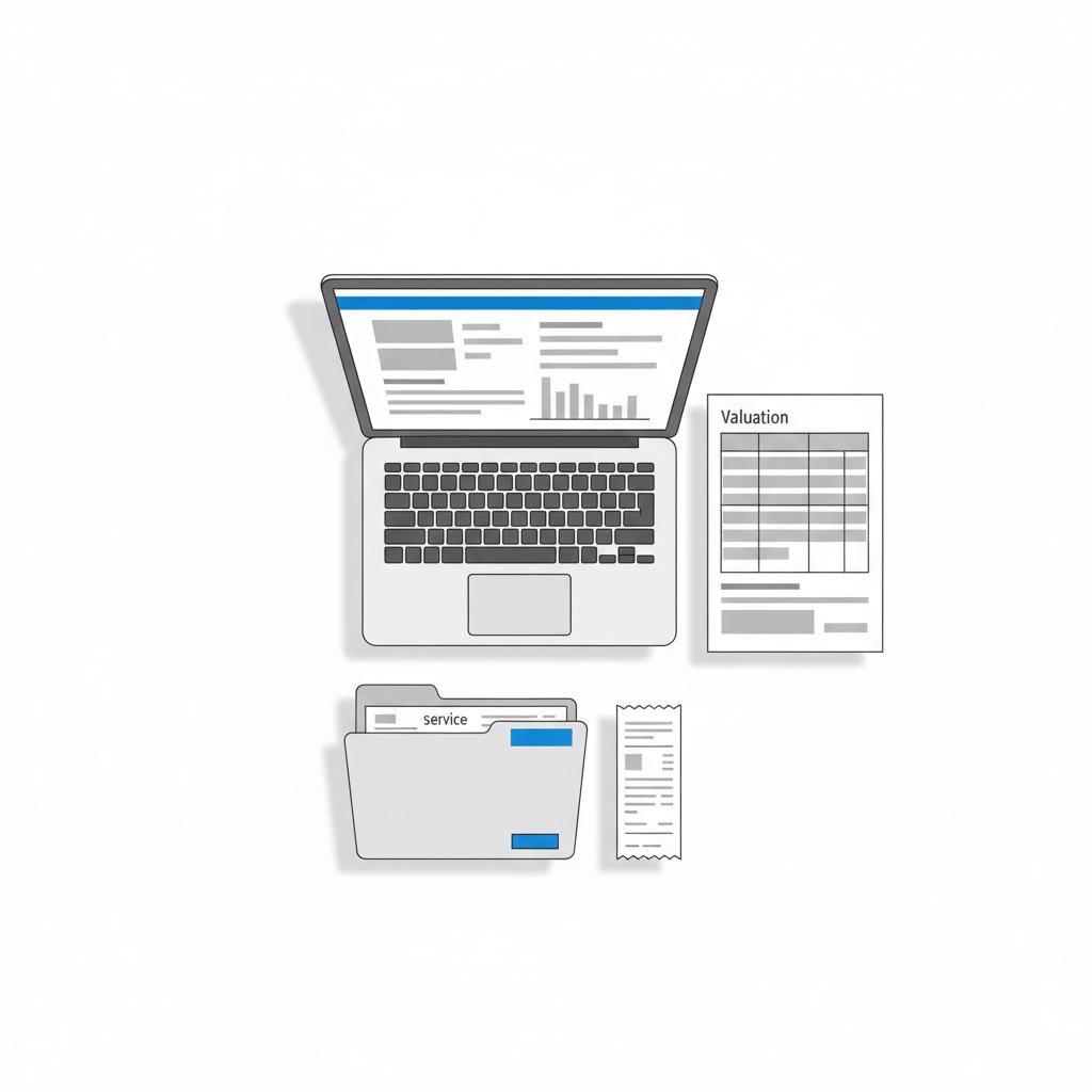 Overhead vector illustration of a clean white desk with a laptop showing a vehicle report printed VIN valuation and a folder with small blue accents most trusted car value site