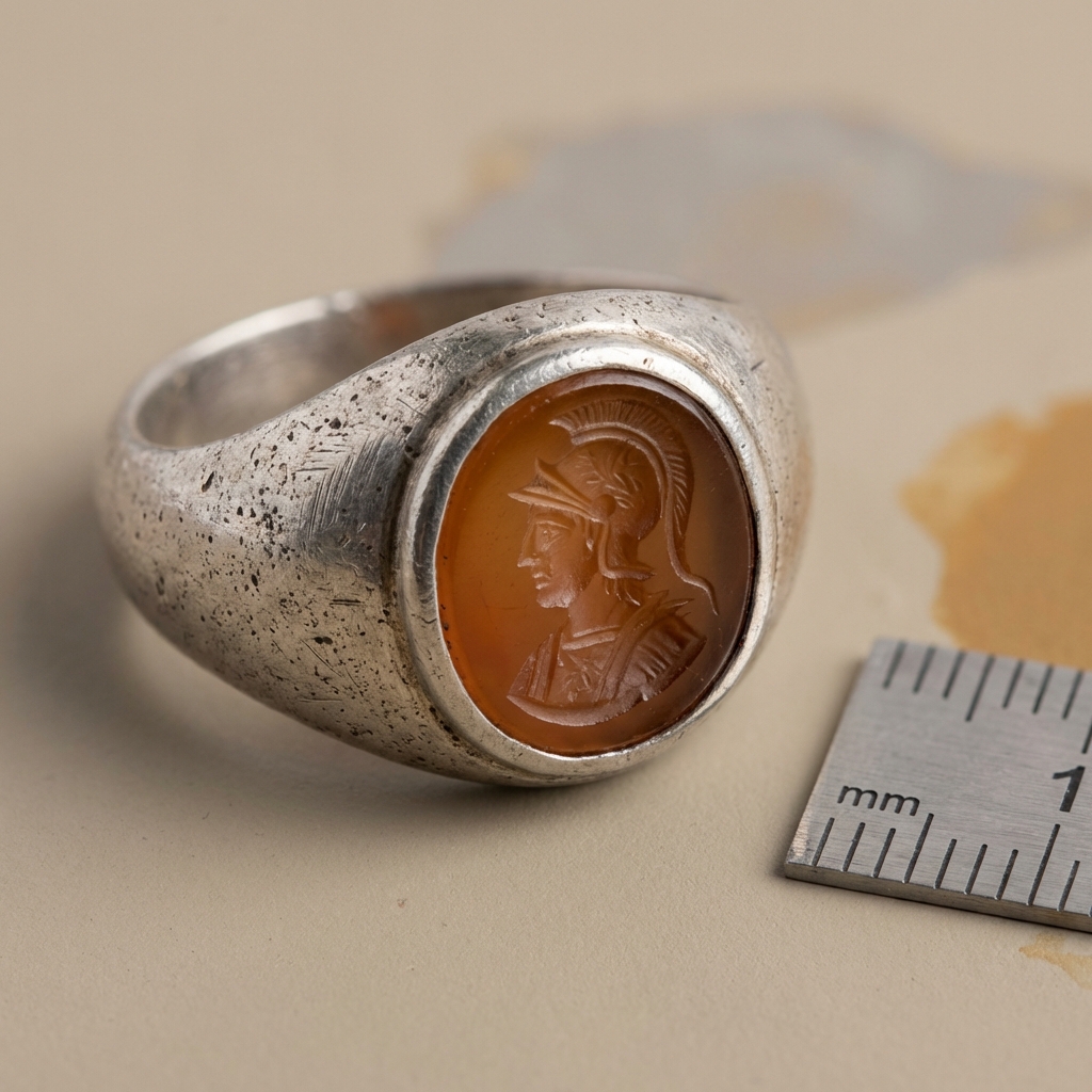 Close up macro photograph of a roman silver ring intaglio showing tool marks micro pitting and a millimeter ruler for scale on a minimal ede7da background
