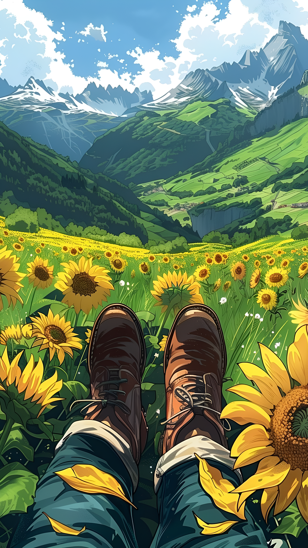 Relaxing in Sunflower Field View of Green Alpine Valley - Free 4K mobile Wallpaper