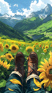 Relaxing in Sunflower Field View of Green Alpine Valley