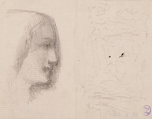 Profil de femme à droite et schéma de paysage