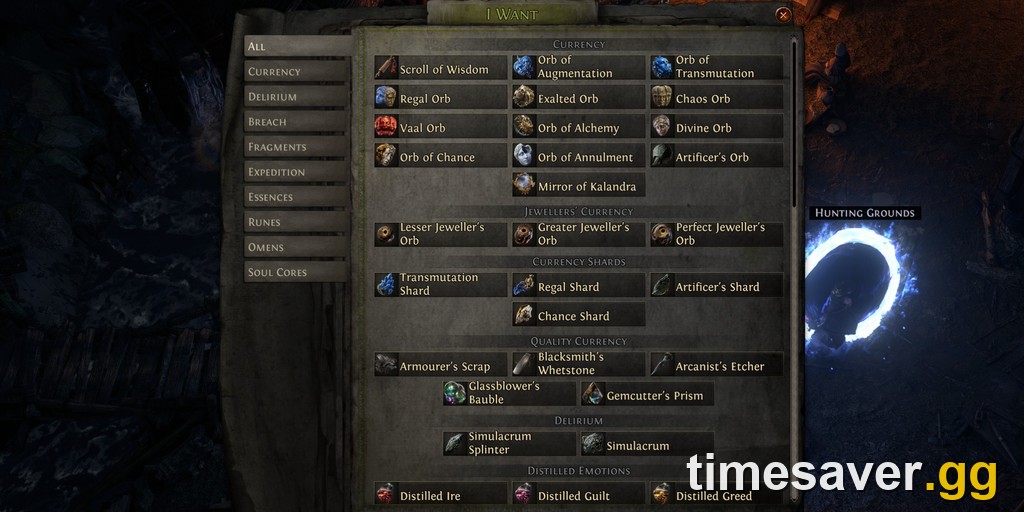 PoE2 Currency Exchange screen — where you check the live Vaal Orb to Exalted/Chaos ratio in-game