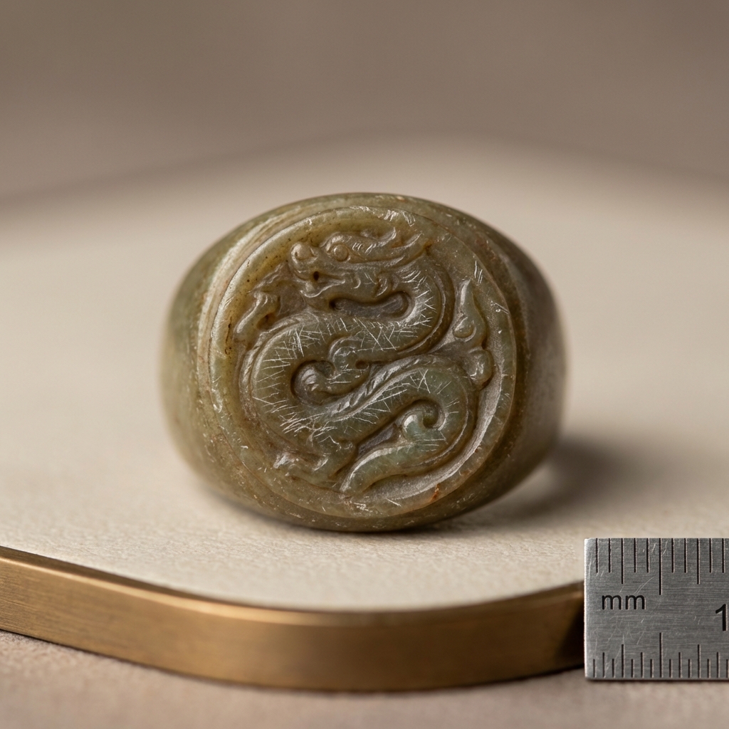 Macro full frame photograph of an ancient jade ring bezel showing carved motif microabrasion and softened edges on a minimalist beige background with a small ruler for scale
