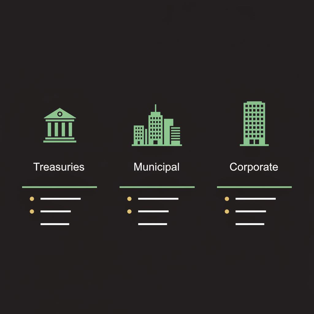 Minimalist flat 2D vector infographic showing three bond categories Treasuries Municipal Corporate represented by icons and bullet bars on dark background how to invest in bonds for beginners