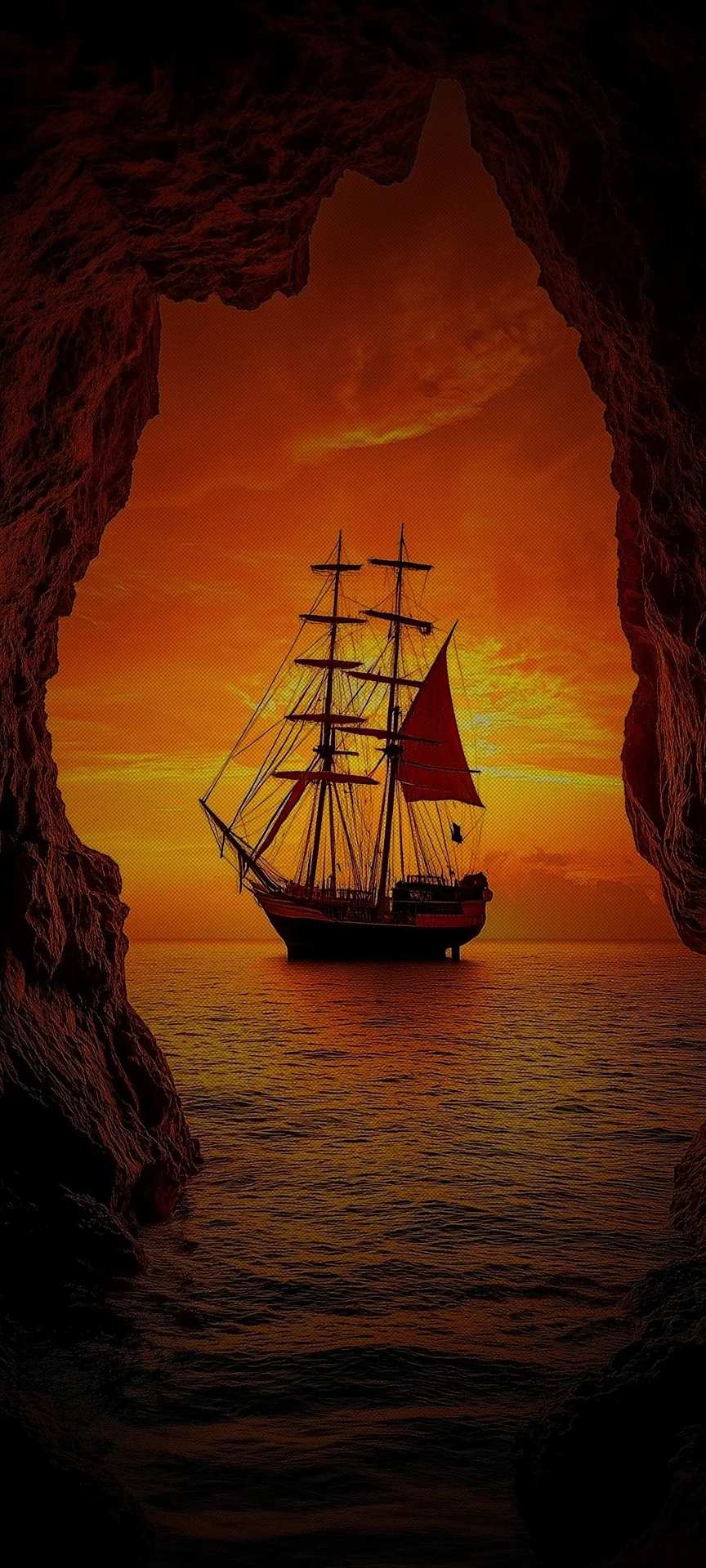 Pirate Ship Silhouette Emerging from Sea Cave Sunset - Free 4K mobile Wallpaper
