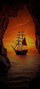Pirate Ship Silhouette Emerging from Sea Cave Sunset
