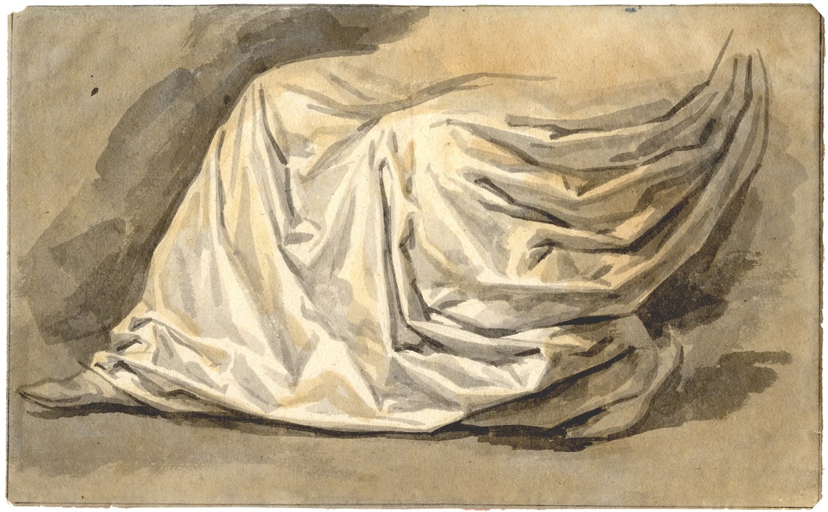 Draperie op het onderlichaam van een zittende figuur