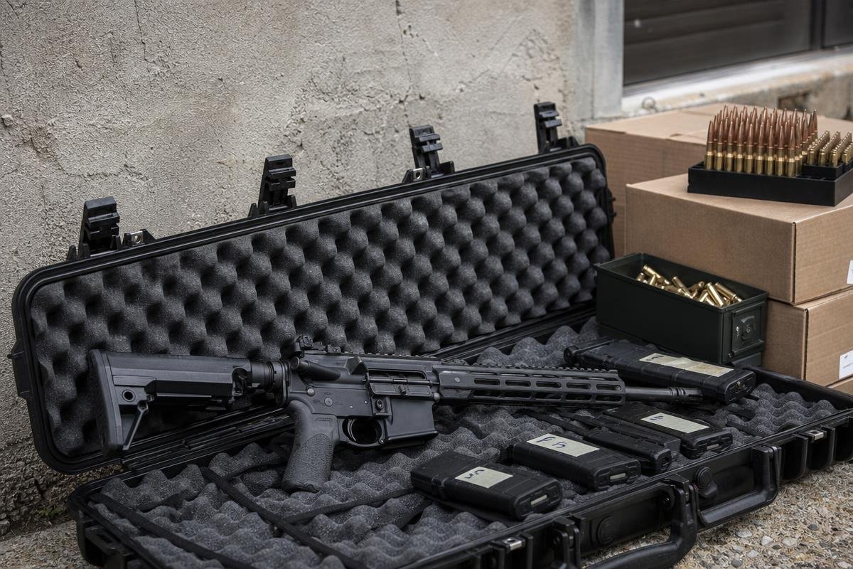 packing ammunition magazines and an AR-15 for the range