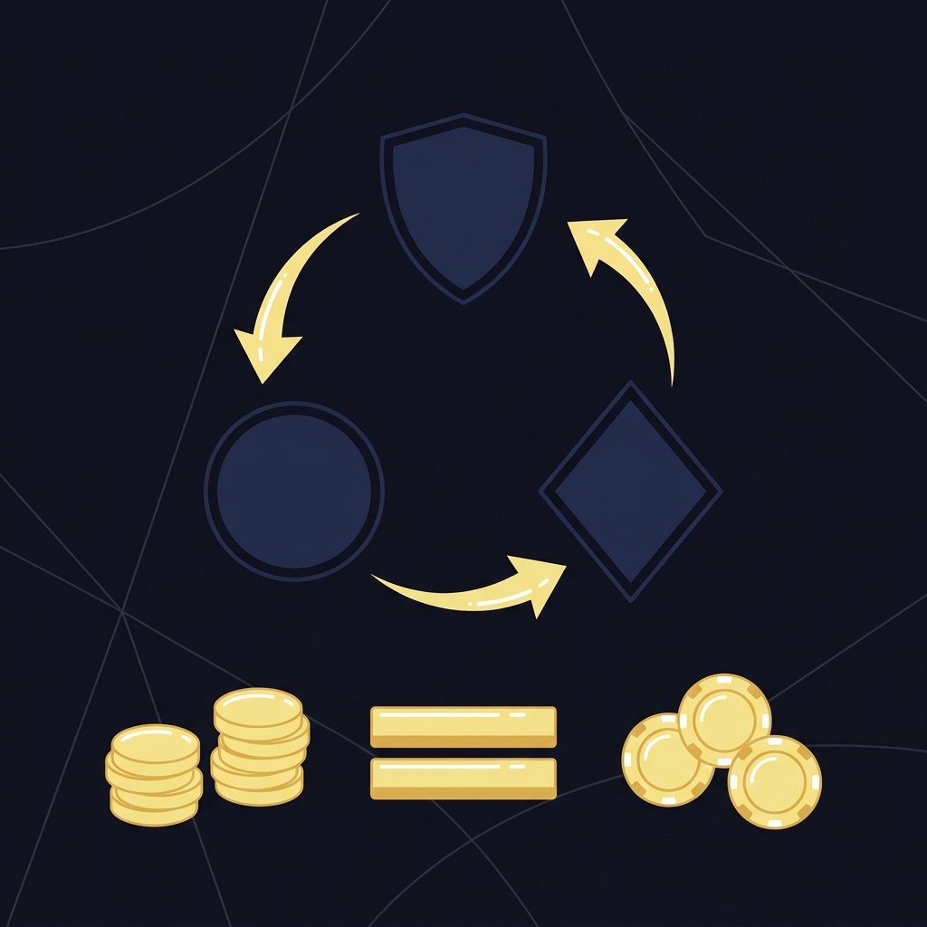 Minimal 2D vector of three team badges connected by trade arrows with salary stacks and pick tokens on dark Funded Plays palette lakers pelicans prediction