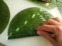 Phết sơ ít dầu ăn lên mặt trong lá chuối rồi bóp thịt lên gần mép từng miếng lá chuối. Cách làm này nhanh gọn, vừa cùng lúc bóp thịt dàn đều lên nhiều lá, thay vì phải dùng muỗng múc từng thìa thịt. Cuộn tròn lá chuối, gập hai đầu lá lại. Cứ làm xong hai miếng chả thì kẹp hai miếng chả rồi dùng dây buộc lại. Cứ thế làm cho hết thịt.