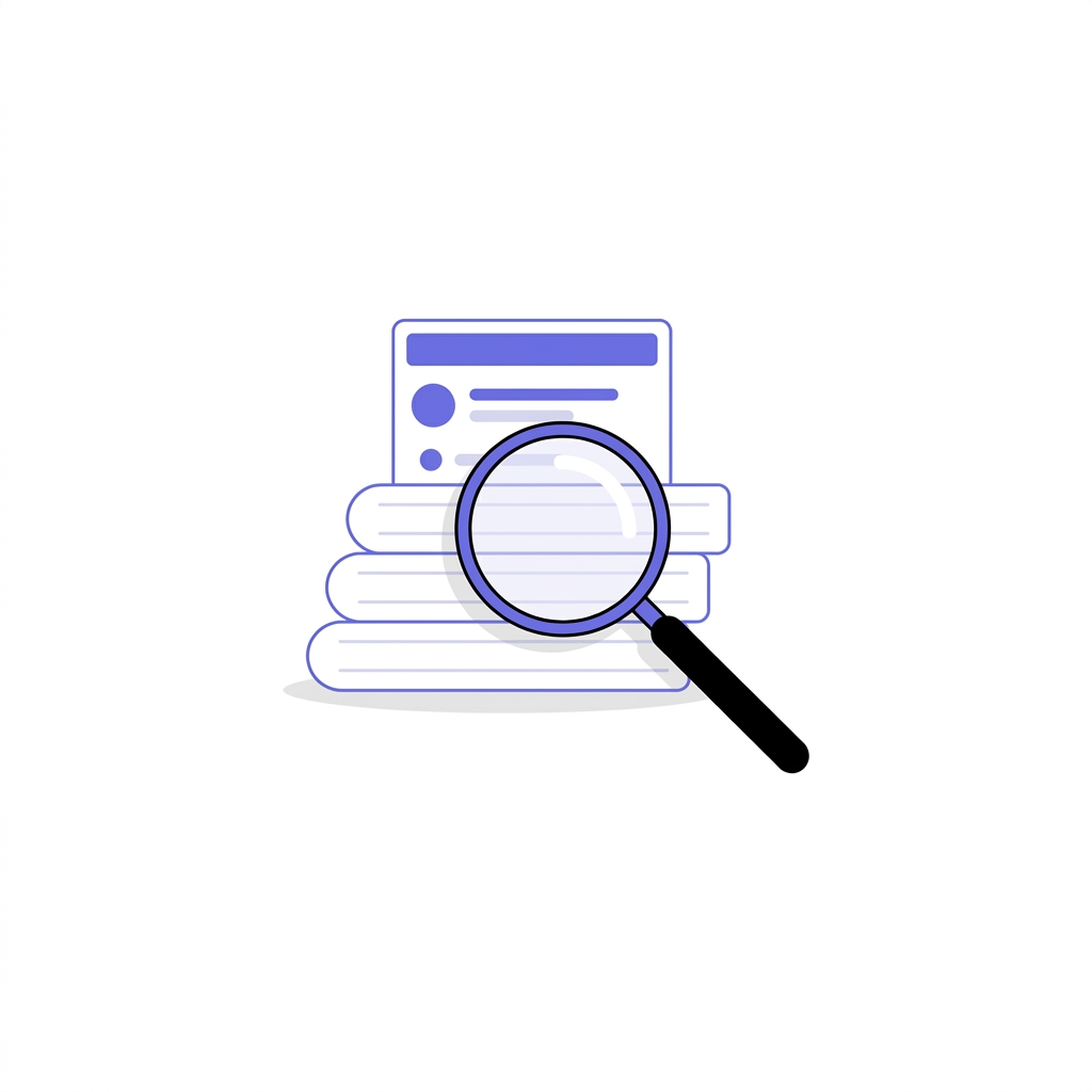 Minimalist vector of a stack of peer reviewed articles with a magnifying glass suggesting critical evaluation of evidence for bpc 157 peptide research on a white background accented in purple