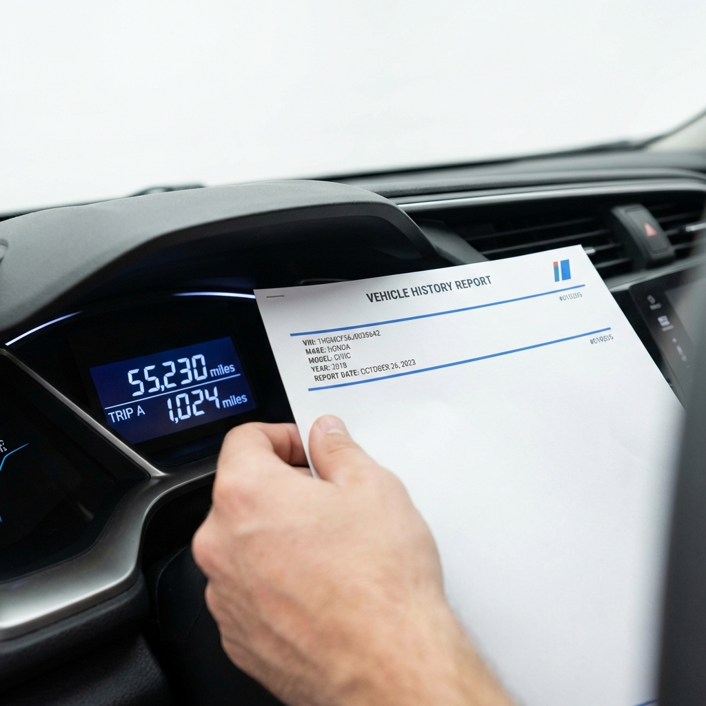 Close up of a hand holding a printed vehicle history report next to a 2018 Honda Civic dashboard showing the odometer honda civic used car for sale