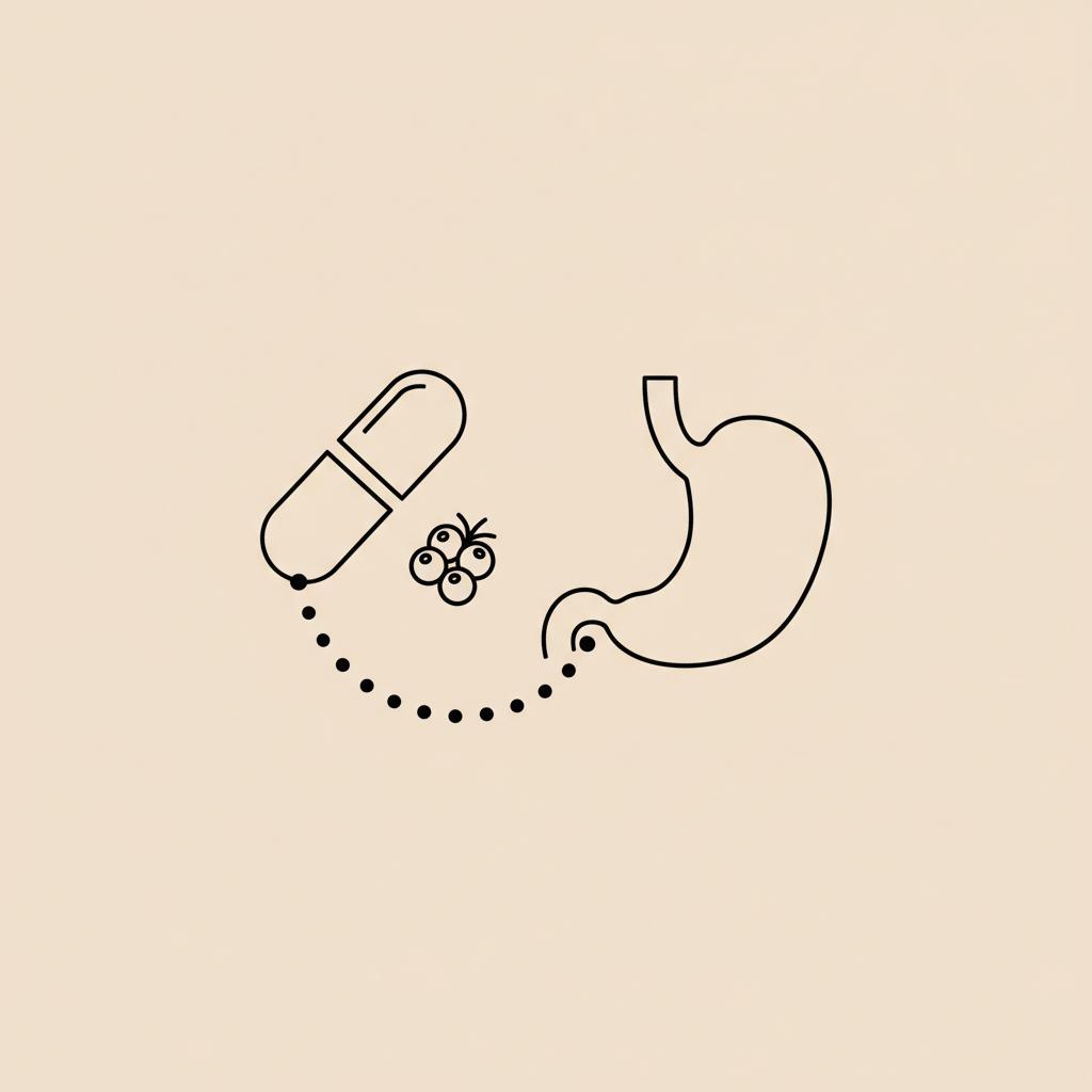 Minimalist Tonum-style vector line illustration of a capsule, berry cluster, and stylized stomach connected by a dotted line showing oral semaglutide absorption on a beige background.