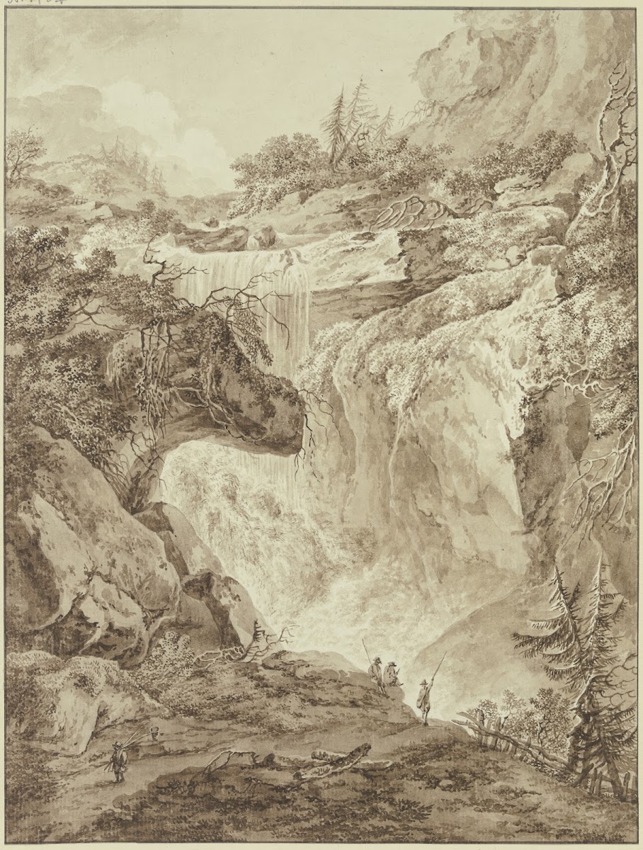 Wasserfall in einer Gebirgsschlucht im Vordergrund vier Angler