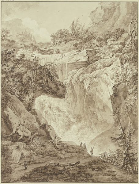 Wasserfall in einer Gebirgsschlucht im Vordergrund vier Angler