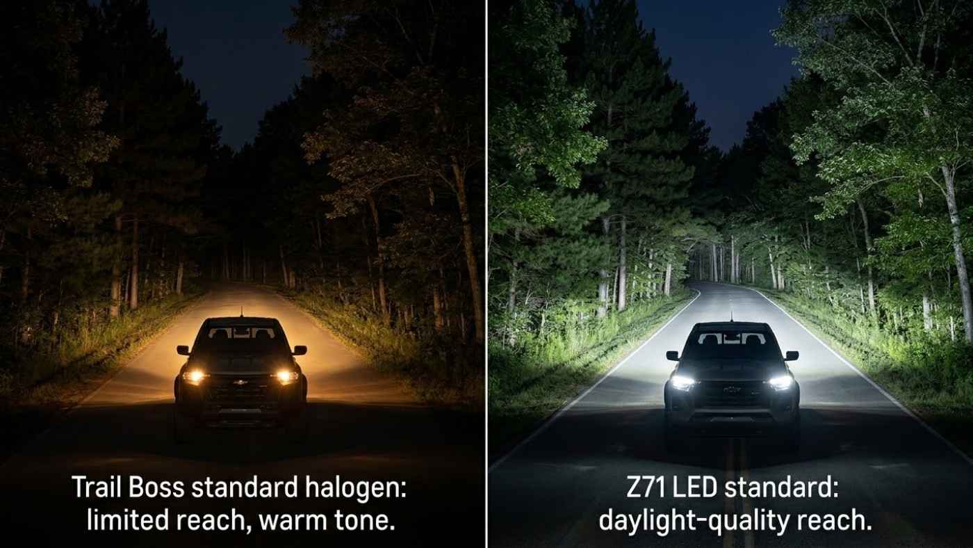 Trail Boss vs Z71 headlight comparison showing halogen lighting against brighter LED headlights on a dark forest road.