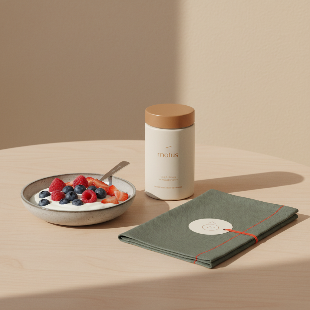 Opened Motus jar beside Greek yogurt topped with berries on a minimalist Tonum-colored breakfast table — visual for "is 100 grams of protein enough to lose weight" article.