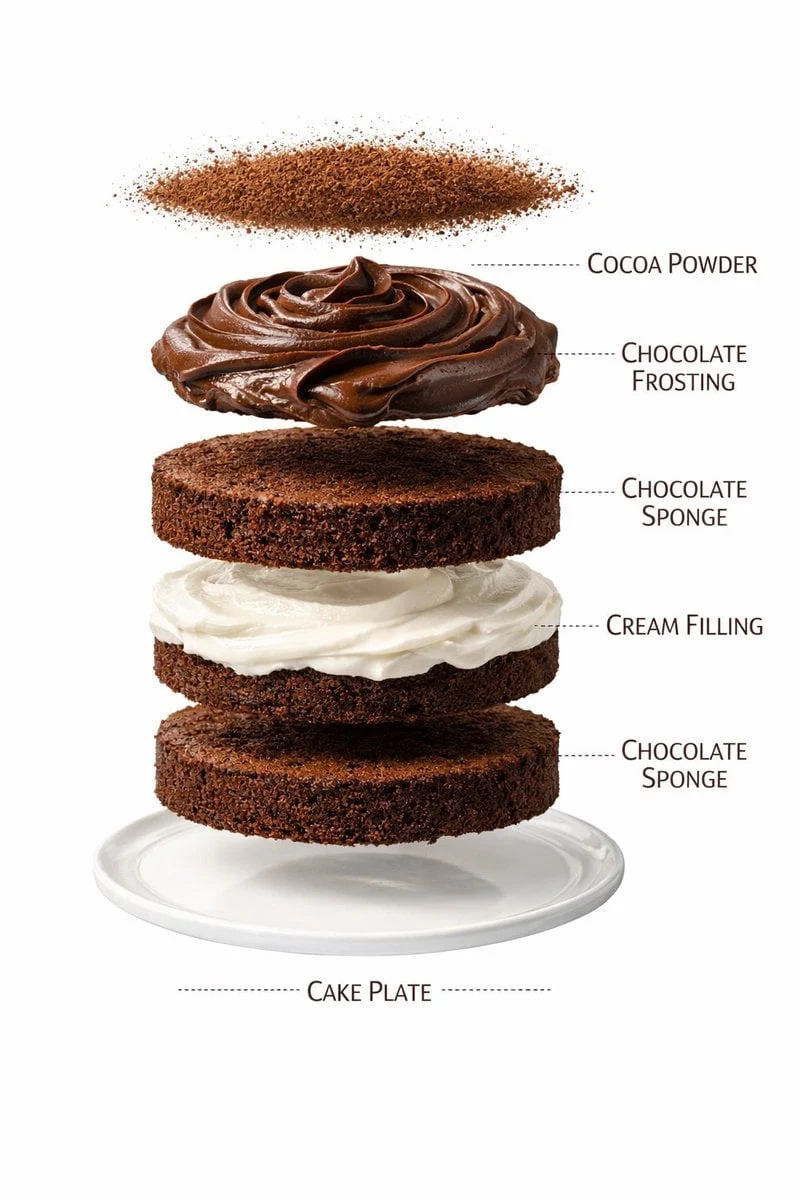 Fotografía de alta calidad ultrarrealista de un pastel de chocolate en capas sobre un plato blanco, composición centrada,...