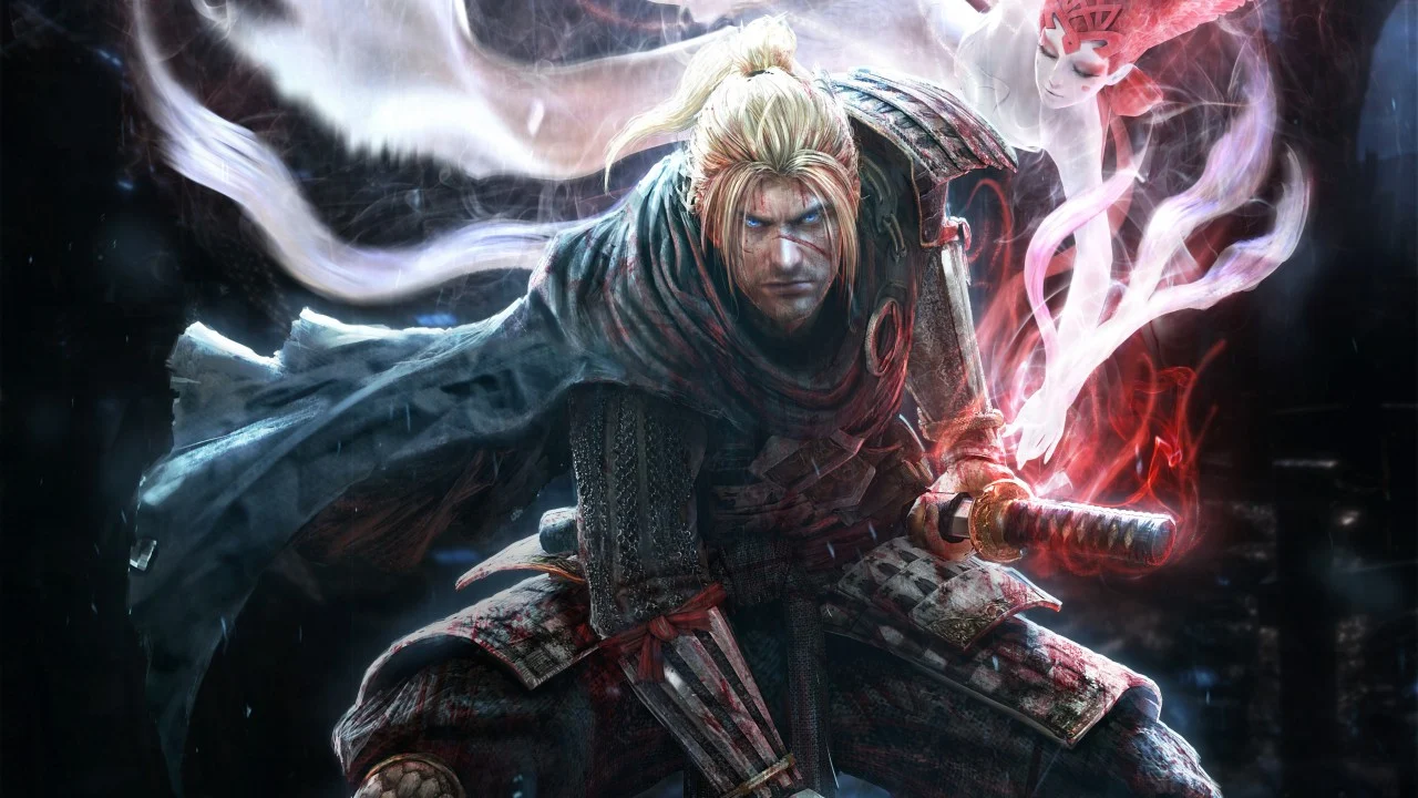 Nioh 3 key art featuring a samurai warrior in combat with yokai in a dark, stylized environment.