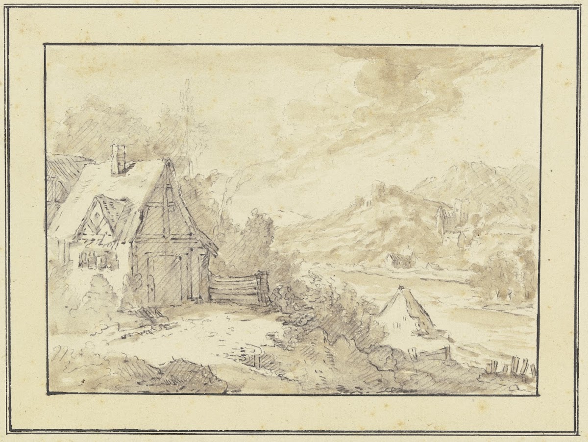 Bergiges Flußufer mit Burgen und Häusern