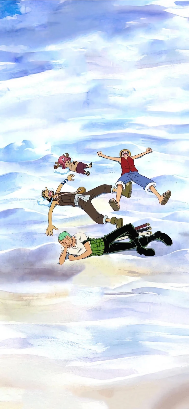 One Piece Straw Hats On Clouds - Anime Watercolor Illustration Full HD iPhone Wallpaper (1080x2336)