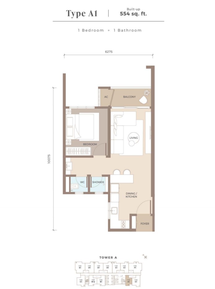 Amaya Type A1 floor plan — 651 sq ft, 2 bedrooms