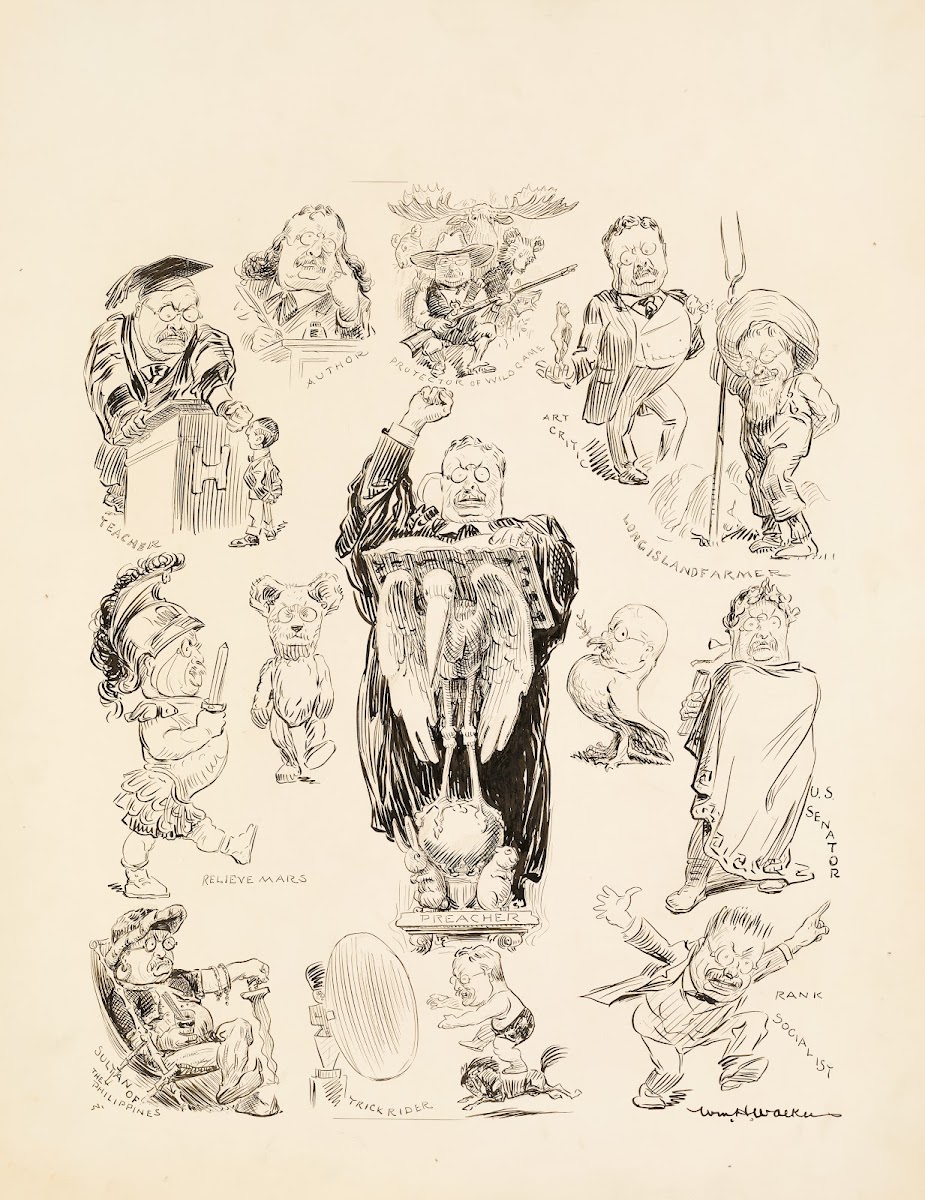 Several portraits of Theodore Roosevelt in different professions In the center p