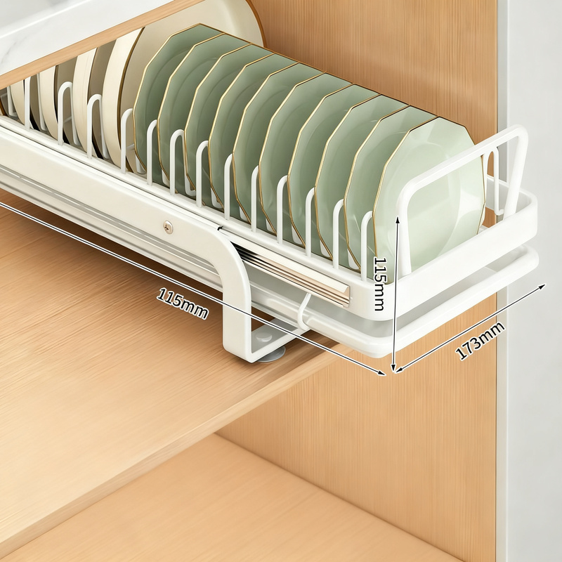 Pull-out dish shelf for kitchen cabinets