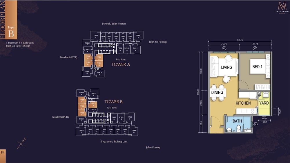 M Grand Minori Type B floor plan — 489 sq ft, 1 bedrooms