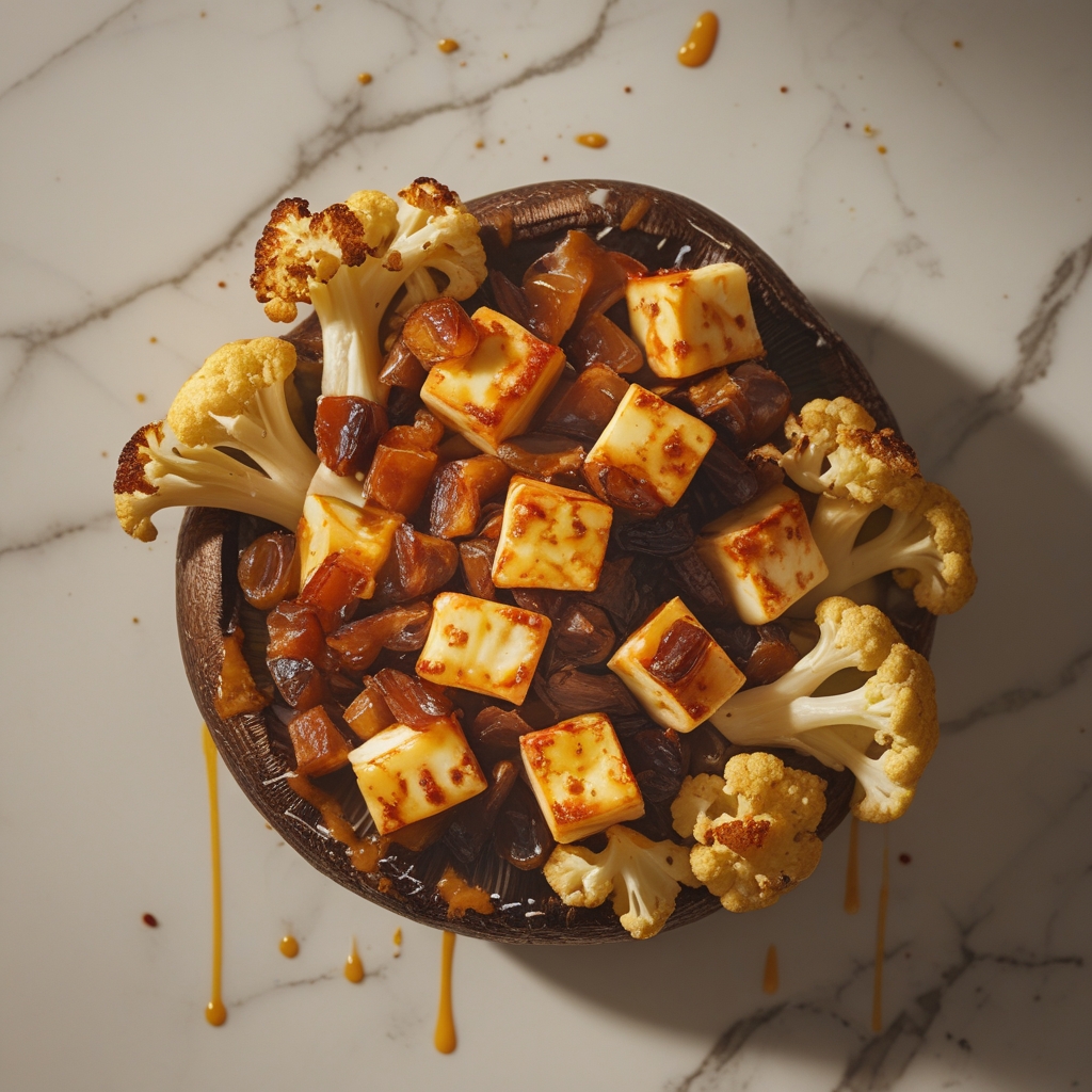 Final Harissa-Spiced Halloumi & Golden Cauliflower Stuffed Portobellos with Lemon-Date Glaze