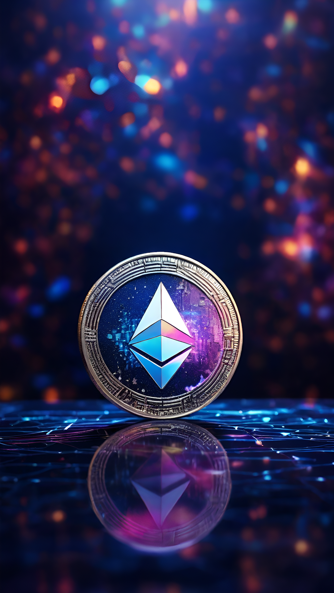 Ethereum Coin Glowing on Reflective Digital Surface - Free 4K mobile Wallpaper