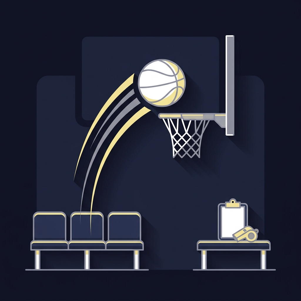Minimal 2D vector of a basketball finishing at the rim with a stylized bench and coach clipboard in the background 6th man of the year odds