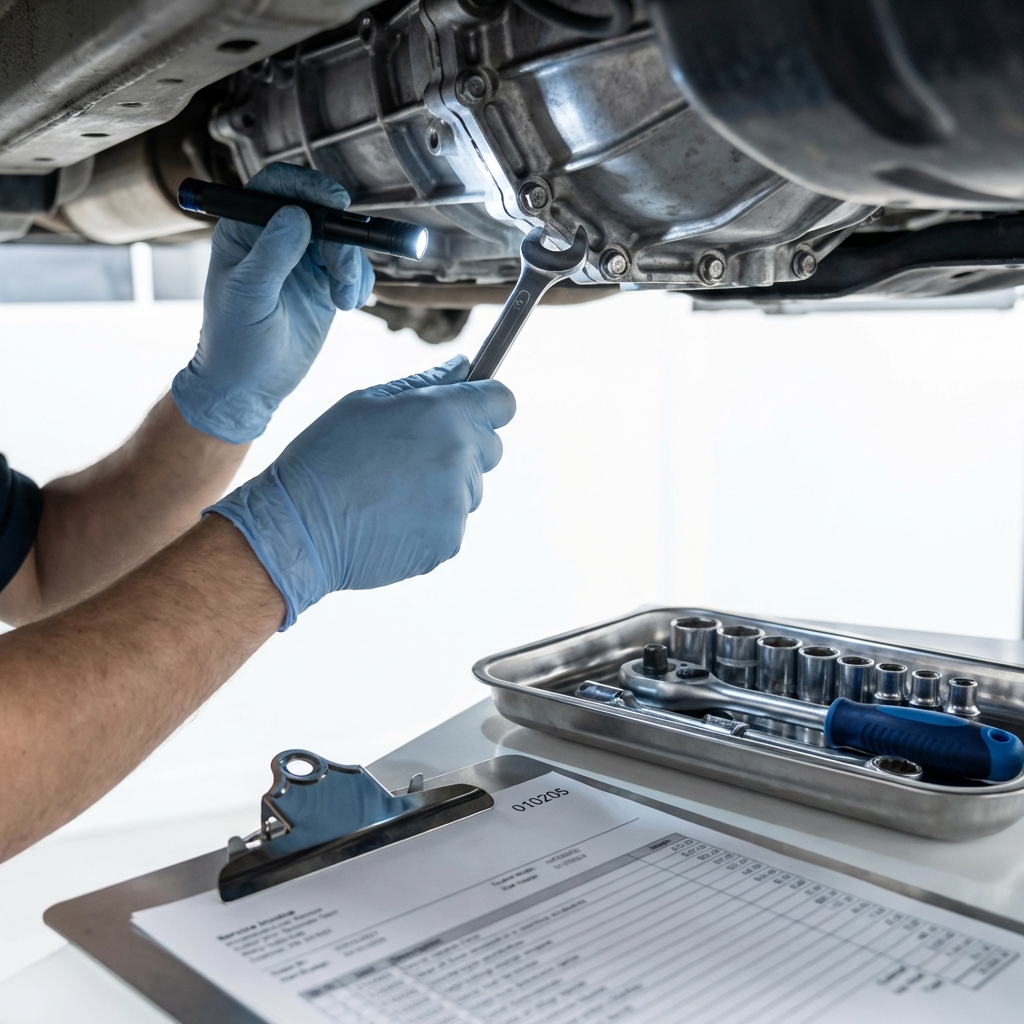 Close view of mechanic inspecting underside near transmission with tools and a service invoice on clipboard, subaru crosstrek for sale